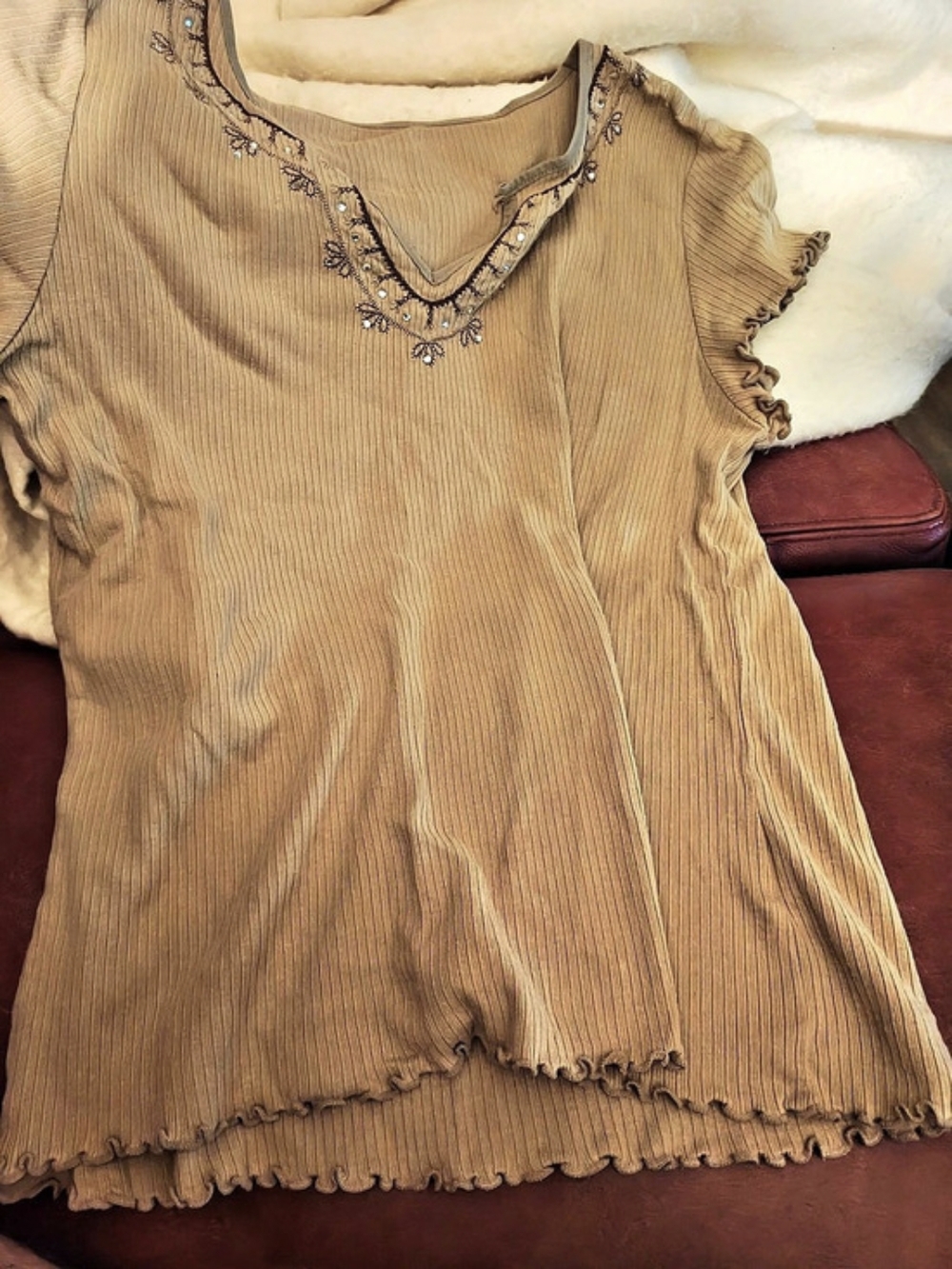 Lace M Women's Khaki Top with Beaded Neckline